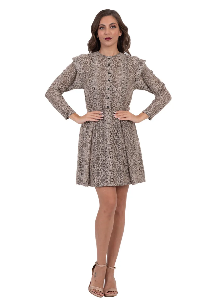 Taupe Lace Mini Dress With Long Sleeves