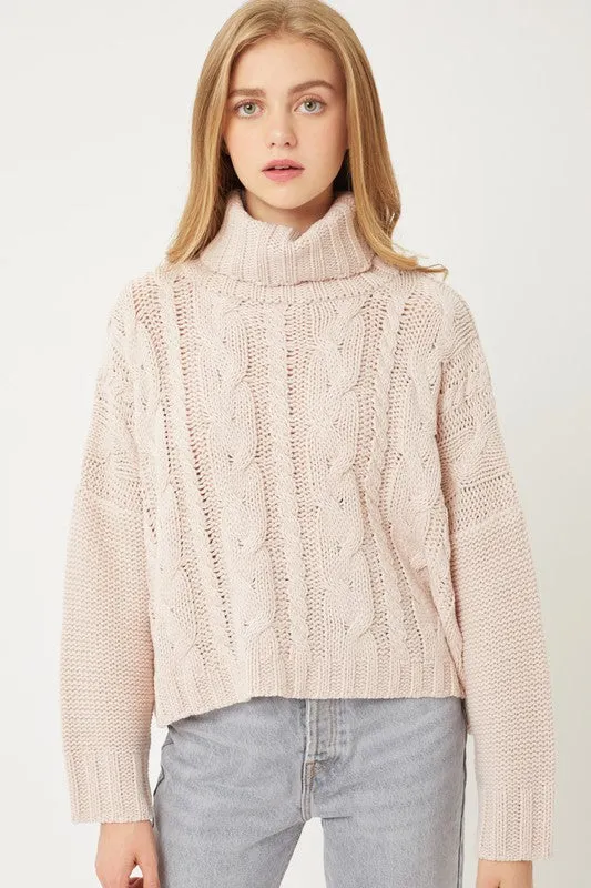 Turtle Neck Cable Knit Sweater in  Oatmeal and Pink