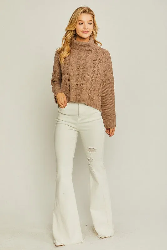 Turtle Neck Cable Knit Sweater in  Oatmeal and Pink