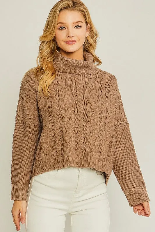 Turtle Neck Cable Knit Sweater in  Oatmeal and Pink