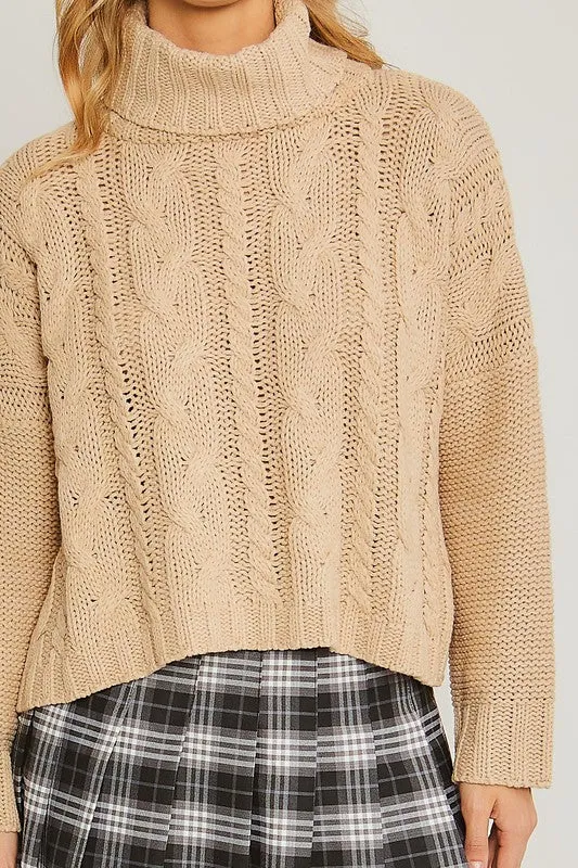 Turtle Neck Cable Knit Sweater in  Oatmeal and Pink