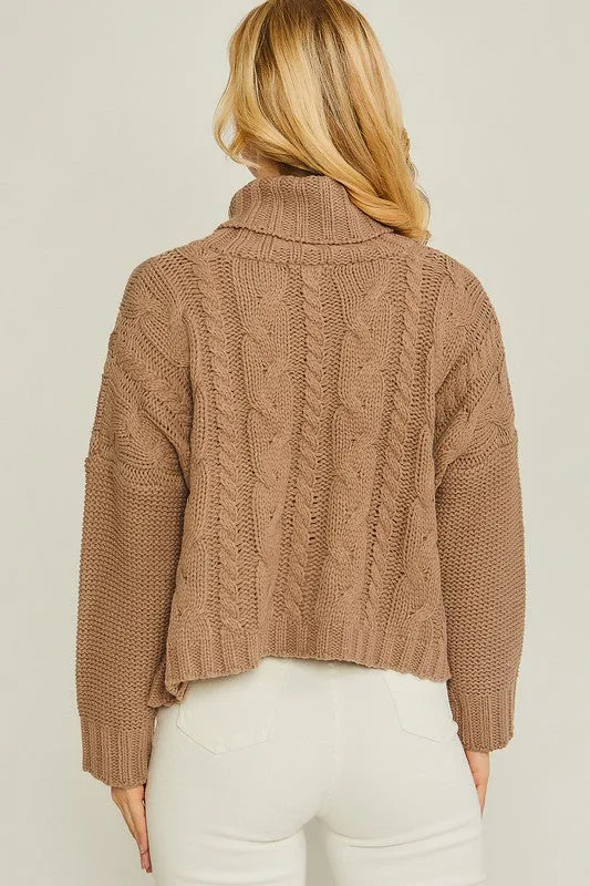 Turtle Neck Cable Knit Sweater in  Oatmeal and Pink