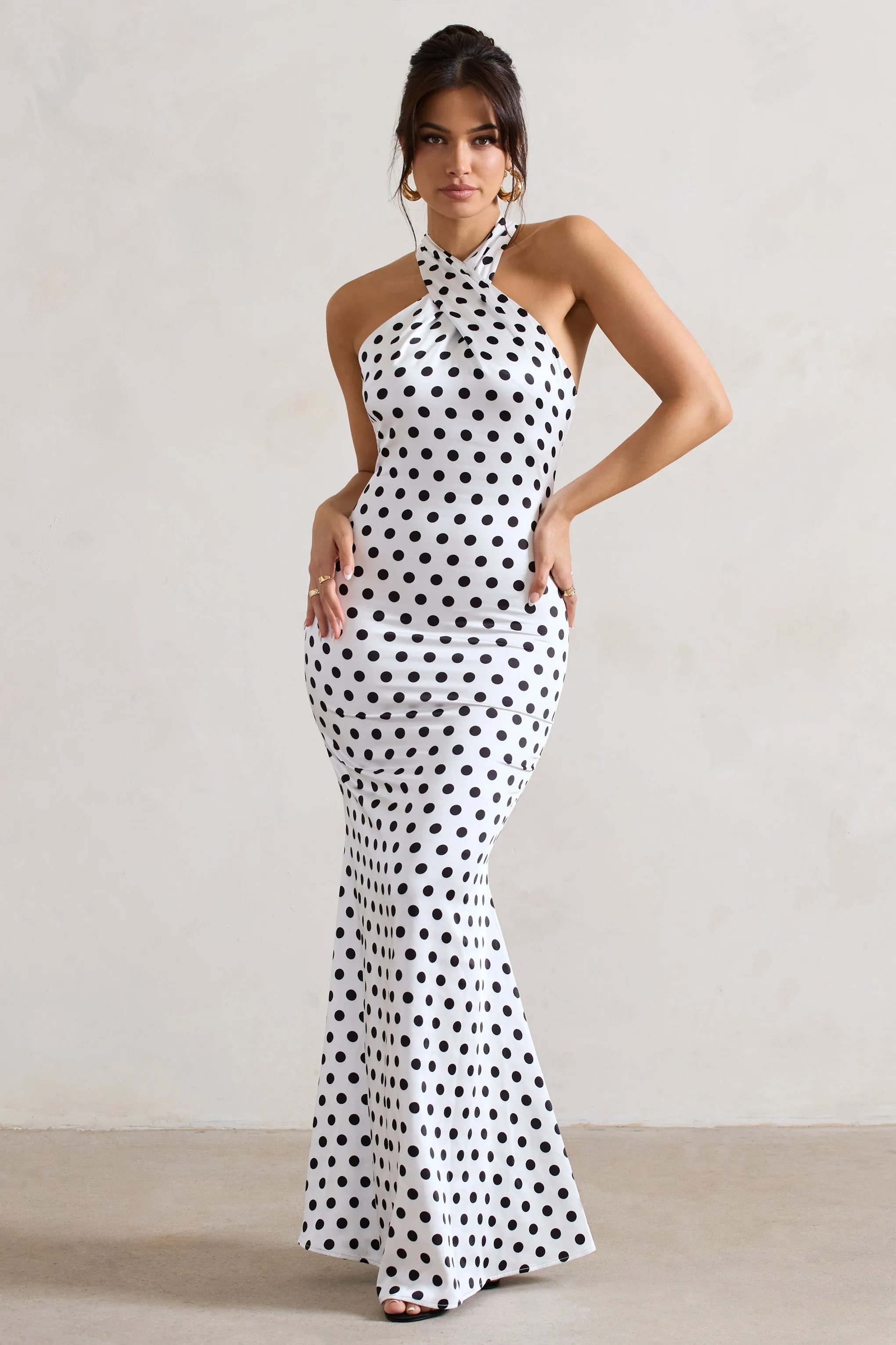 Unstoppable | White Polka Dot Satin Cross Over Halter Neck Maxi Dress