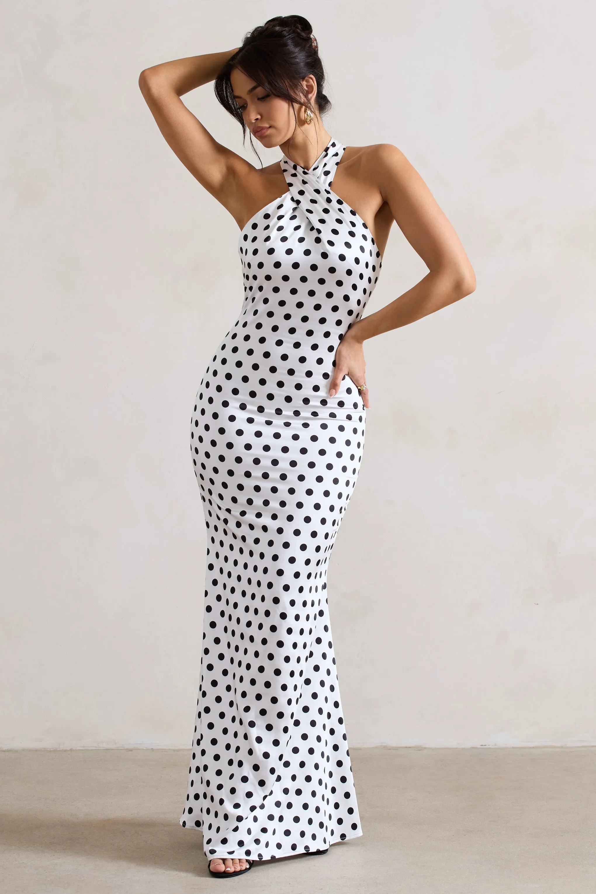 Unstoppable | White Polka Dot Satin Cross Over Halter Neck Maxi Dress