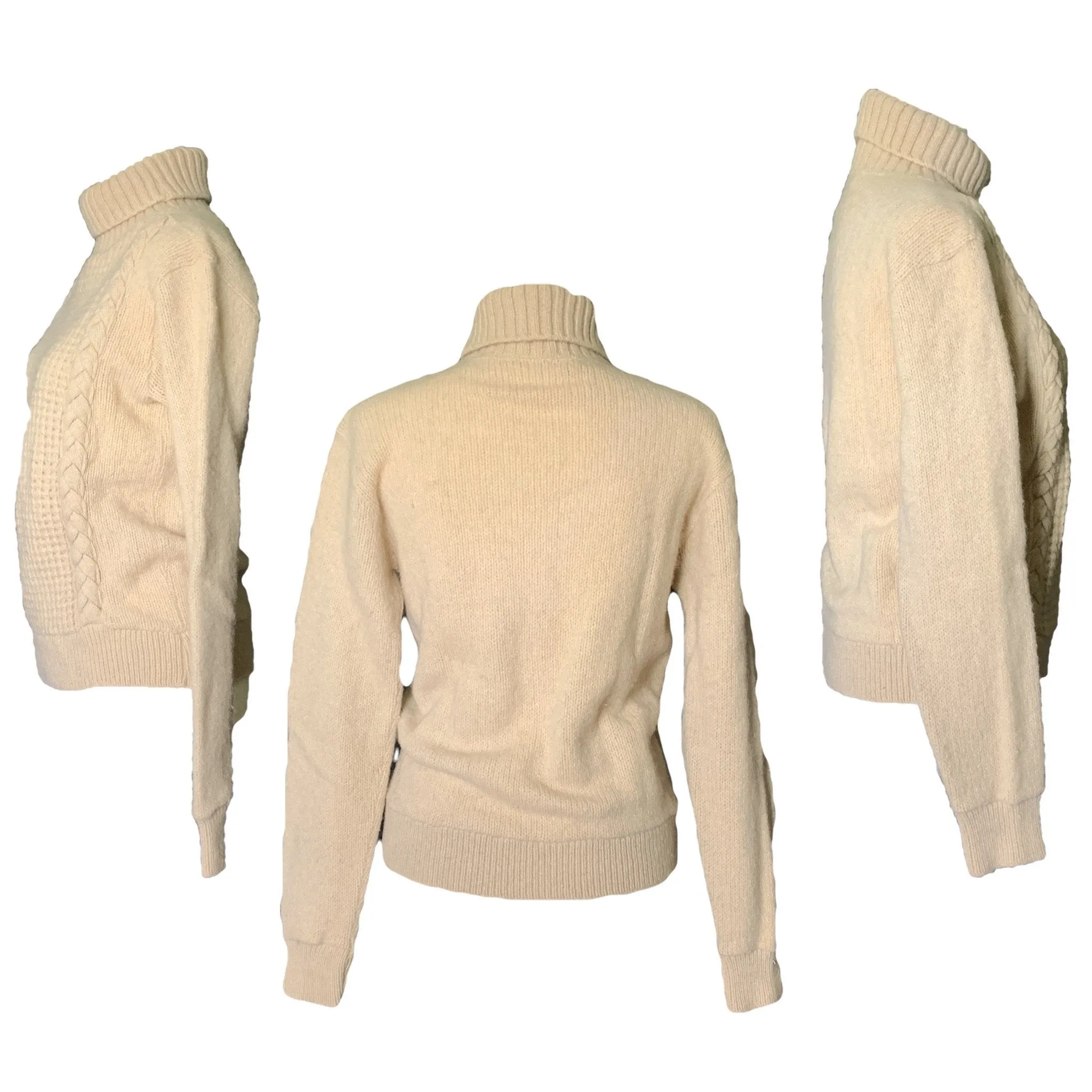 Vintage 1960s Chunky Cream Cable Knit Wool Sweater. Sustainable Fashion Traditional Winter Style.