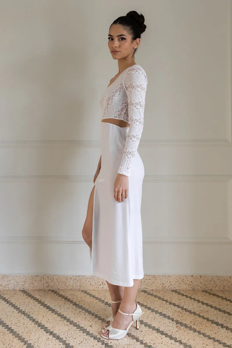 White One Sleeve Lace And Velvet Midi Dress