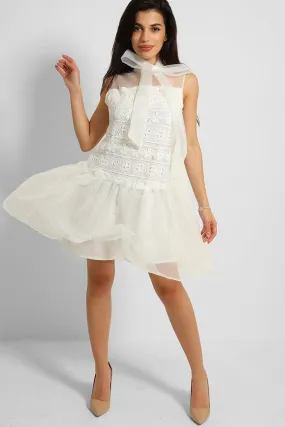 White Pussy Bow Organza Puff Dress