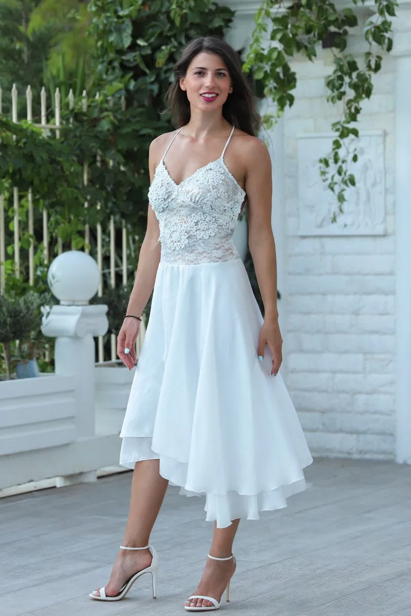 White Two-layered Satin And 3D Lace Open Back Dress