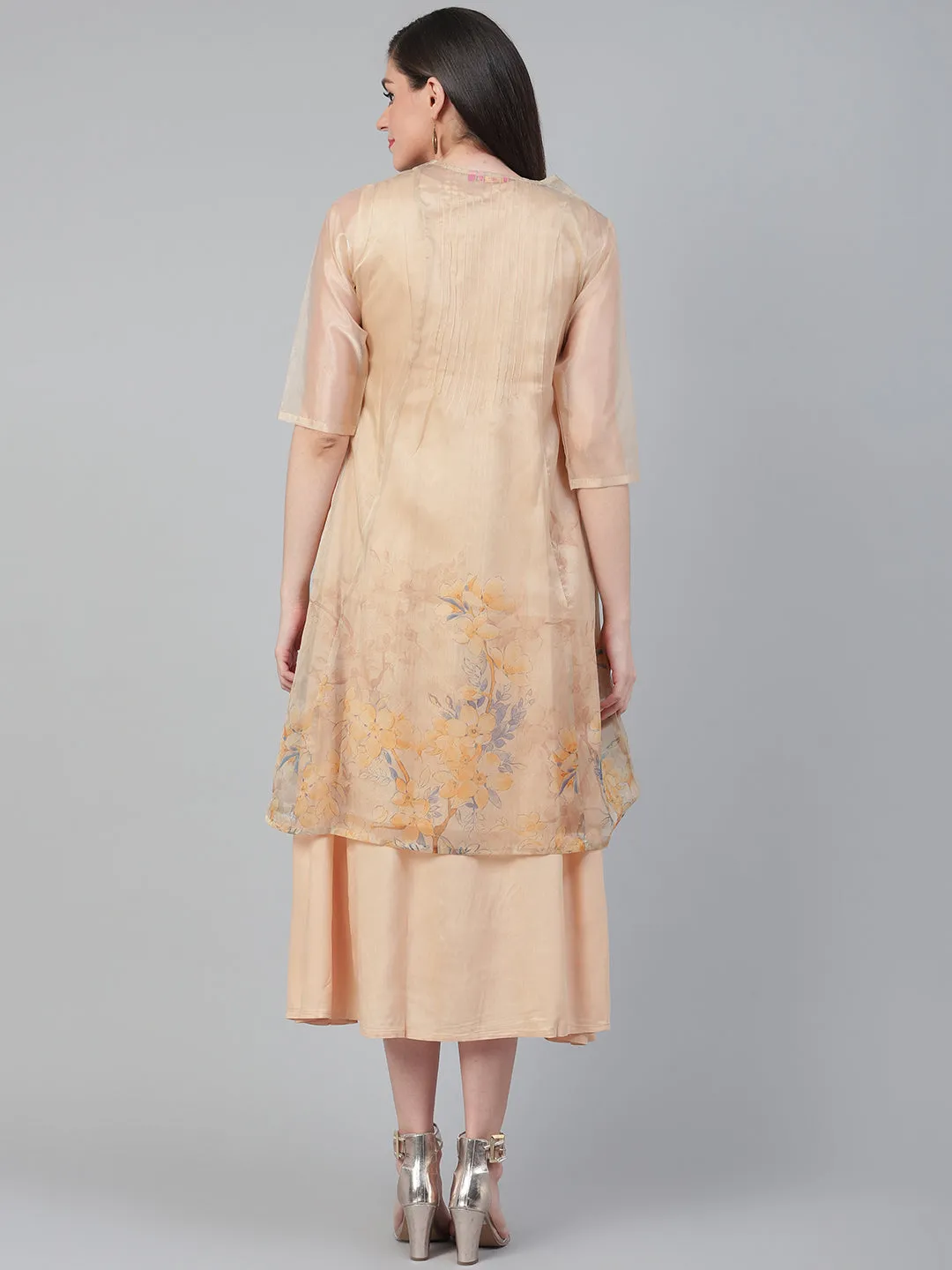 Women Beige Rayon Organza Floral Dress With Jacket