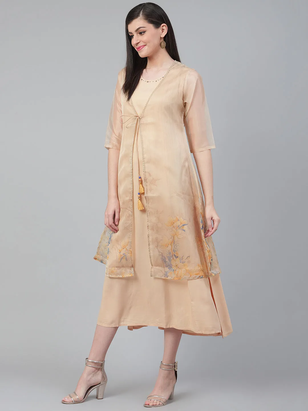 Women Beige Rayon Organza Floral Dress With Jacket