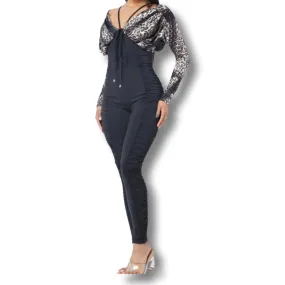 WOMEN CHEETH PRINT WIDE V NECK JUMPSUIT BLACK