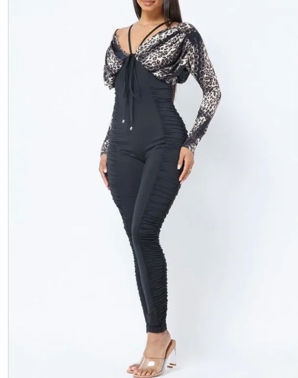 WOMEN CHEETH PRINT WIDE V NECK JUMPSUIT BLACK