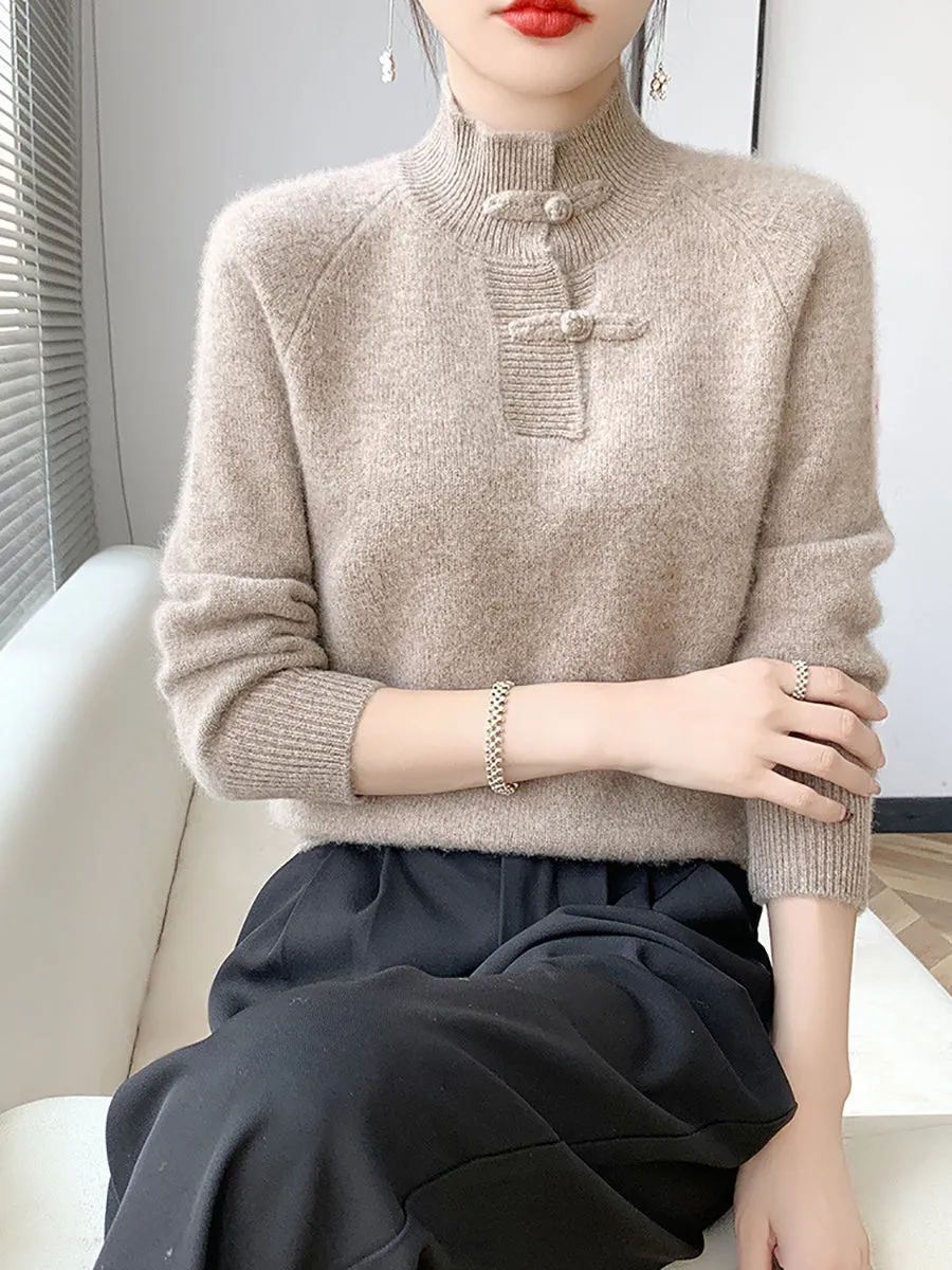 Women Retro Solid Winter Wool Half-Turtleneck Sweater