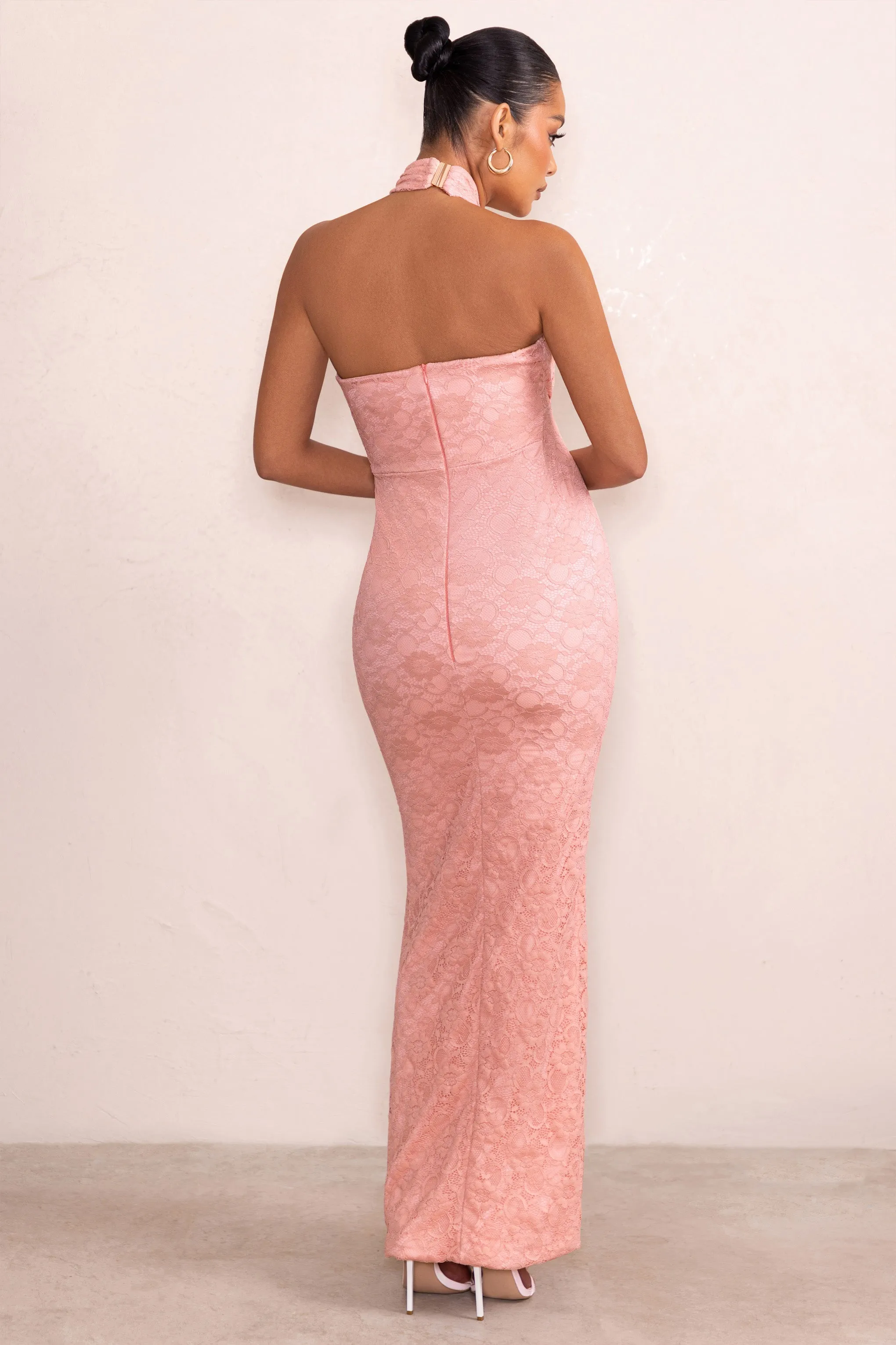 Zora | Blush Pink Halter Neck Maternity Maxi Dress with Keyhole Cut Out